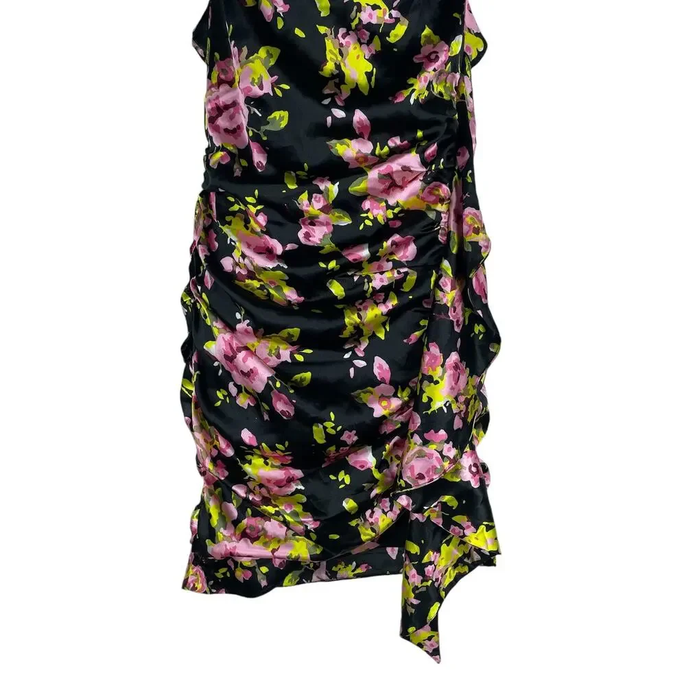 Likely Asta Floral Print Satin Mini Dress Ruffle Side Ruch Size 6